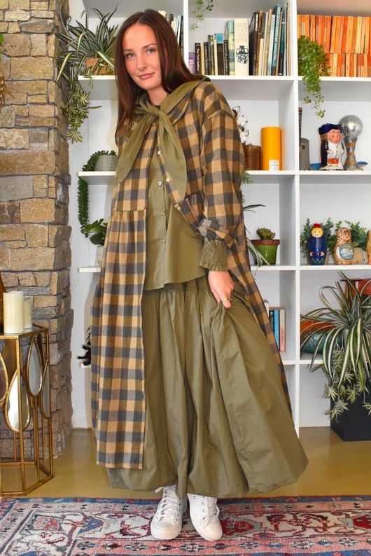 Nora Brushed Cotton Gingham Frock Coat Deep Olive
